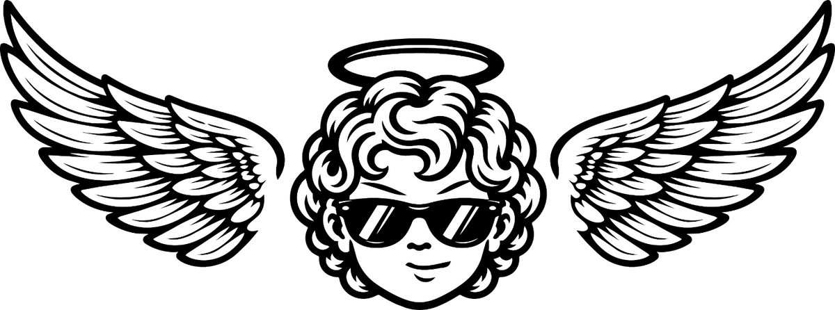 Illustration of a child with wings and a halo wearing sunglasses 